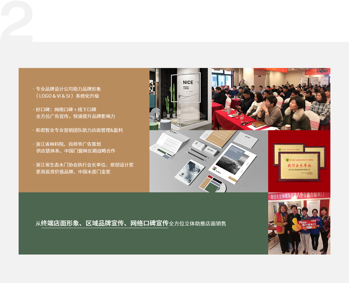 好品牌是经销商赚大钱前提,· 专业品牌设计公司助力品牌形象（ LOGO & VI & SI ）系统化升级,· 好口碑：网络口碑 + 线下口碑全方位广告宣传，快速提升品牌影响力,· 和君智业专业营销团队助力店面管理&盈利,· 浙江省林科院、尚师爷广告策划供应链体系、中国门窗网长期战略合作,· 浙江省生态木门协会执行会长单位、原创设计奖更具投资价值品牌、中国木质门金奖,从终端店面形象、区域品牌宣传、网络口碑宣传全方位立体助推店面销售